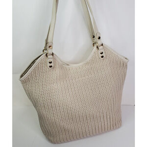Miztique Tote Bag Bone buttery Vegan with Woven Texture on Front Brass Accents